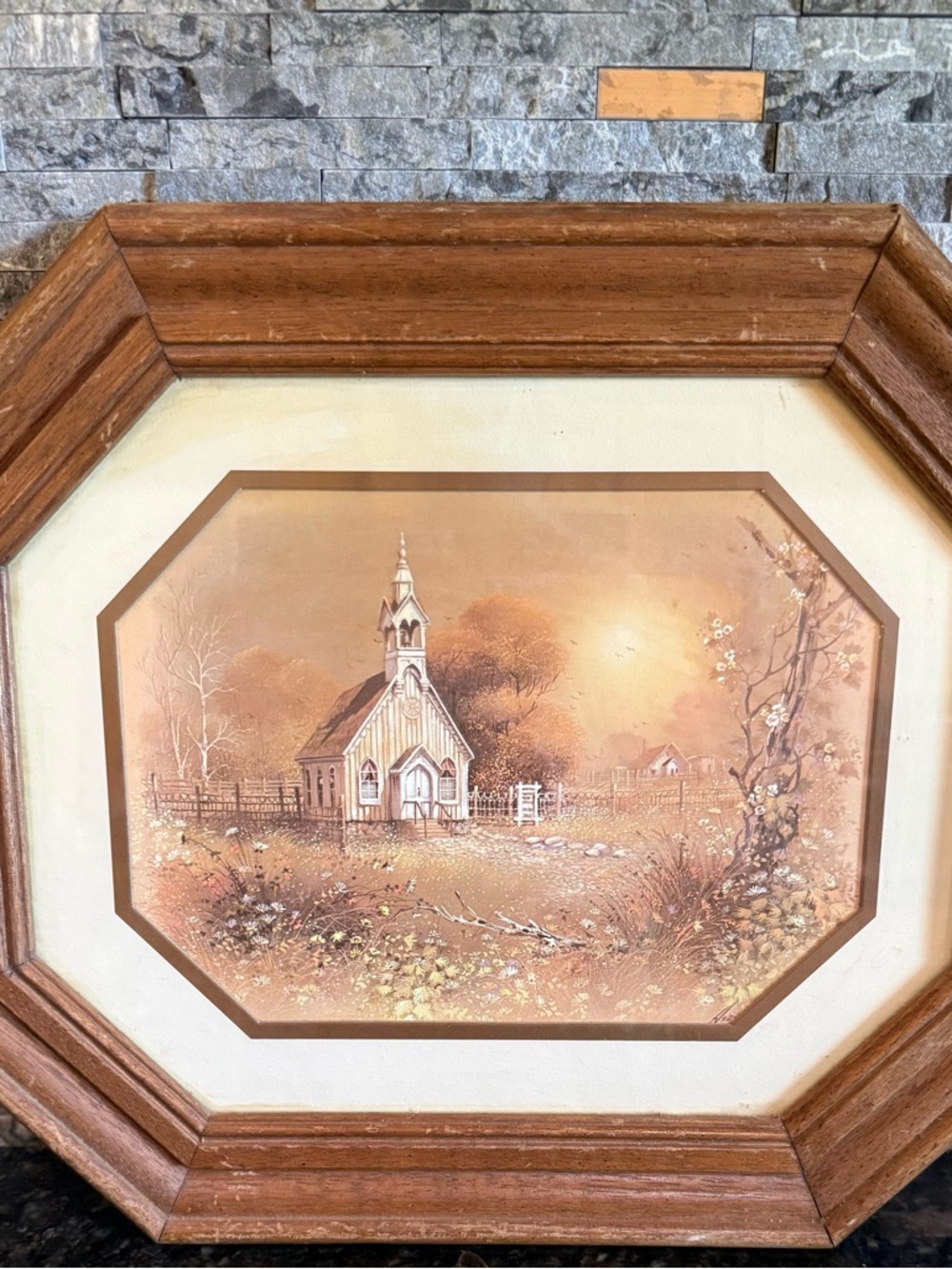 Vintage 81 HomeCo Granny Core Large octagonal Wood Frame “Country Church”